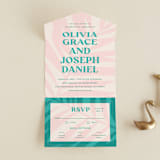 "The Palm" - Savvy Wedding Invitations in Flamingo by Pixel and Hank - Front Open