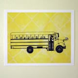 "Penguin School Bus" - Limited Edition Fine Art Print in yellow by Janie Allen