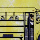 "Penguin School Bus" - Limited Edition Fine Art Print in yellow by Janie Allen