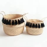 "Black Tasseled Belly Baskets - Medium" - Decorative Baskets in black by Powered By People