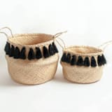 "Black Tasseled Belly Baskets - Large" - Decorative Baskets in black by Powered By People