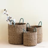 "Sky Blue Seagrass Cylinder Basket with Handles, nested set of 3" - Decorative Baskets in natural by LIKHA