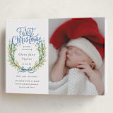 "First Christmas Wreath" - Holiday Birth Announcement Cards in Winter Sky by Alethea and Ruth - Folded Card