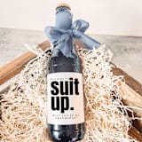 "Set of 6 Groomsman Beer Bottle Labels | Suit Up" - Bottle Labels in white by The Pretty Little Mess