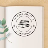 "Stack of Books Custom Name Book Stamp, Round Self Inking" - Book Stamp in black by Port of Reverie