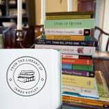 "Stack of Books Custom Name Book Stamp, Round Self Inking" - Book Stamp in black by Port of Reverie