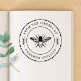 "Honey Bee Custom Name Book Stamp, Round Self Inking" - Book Stamp in black by Port of Reverie