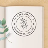 "Floral Custom Name Book Stamp, Round Self Inking" - Book Stamp in black by Port of Reverie
