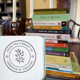 "Floral Custom Name Book Stamp, Round Self Inking" - Book Stamp in black by Port of Reverie