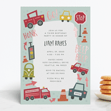 "Shiny Cars" - Children's Birthday Party Invitations in Aqua by Amy Payne - Front