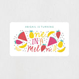 "One In A Melon" - Children's Birthday Party Stickers in Honey Drew by Bethany Anderson - Front