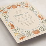 "Pumpkins + Bows" - Children's Birthday Party Invitations in Cornflower by Laura Hankins - Detail