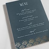 "Vitrola" - Foil-Pressed Party Menus in Teal by Tamara Hilje - Detail