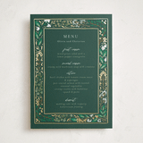 "Illuminated Storybook" - Foil-Pressed Party Menus in Evergreen by Alethea and Ruth - Front