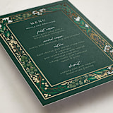 "Illuminated Storybook" - Foil-Pressed Party Menus in Evergreen by Alethea and Ruth - Detail