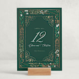 "Illuminated Storybook" - Foil-Pressed Party Table Numbers in Evergreen by Alethea and Ruth - Displayed (stand not included)