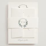 "Foliage Crest" - Wedding Invitations in Sky by Everett Paper Goods - Assembled with Belly Band