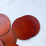 "Custom Leather Coaster with Wrapped Text - 2 Coasters" - Coasters in brown by Left Grain