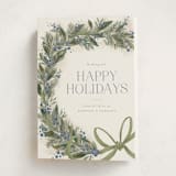 "Festive Side Ribbon Wreath" - Holiday Cards in Juniper by Jackie Crawford - Folded Card
