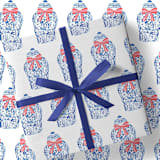 "Ginger Jar Chinoiserie Christmas Gift Wrap, Set of 5 Sheets" - Holiday Gift Wrap in blue by Liesel Anne