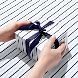"Blue and White Stripe Gift Wrap [Roll of 3 Sheets]" - Holiday Gift Wrap in blue by Liesel Anne