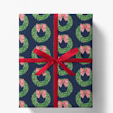 "Navy Wreath with Red Bow Gift Wrap, Set of 5 Sheets" - Holiday Gift Wrap in blue by Liesel Anne