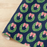 "Navy Wreath with Red Bow Gift Wrap, Set of 5 Sheets" - Holiday Gift Wrap in blue by Liesel Anne