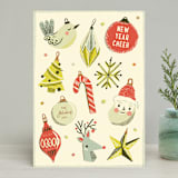"Retro Ornaments" - Holiday Cards in Berry by Vivian Yiwing - Front