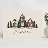 "Happy Holidays Village" - Holiday Cards in Merlot by Katrina Edwards - Front