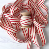 "Cream and Red Ticking Holiday Ribbon - 5/8" x 15 feet" - Holiday Ribbons and Bows in red by Honey Silks Co