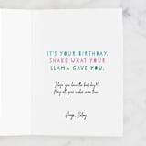 "Llama Birthday" - Single Greeting Cards in Bubblegum by Lori Wemple - Customizable Interior Example