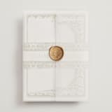 "Inlay Frame" - Wedding Invitations in Avocado by Katharine Watson - Assembled with Vellum Wrap and Wax Seal