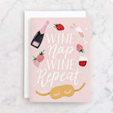 "WINE NAP REPEAT" - Single Greeting Cards in Blush by Cindy Chu - Front