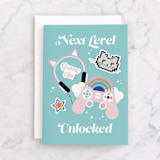 "Kitty Gamer" - Single Greeting Cards in Frost by Corinne Malesic - Front