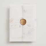 "Cheerful Bouquet" - Wedding Invitations in Chardonnay by Lori Wemple - Assembled with Vellum Wrap and Wax Seal