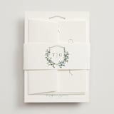 "Foliage Crest" - Wedding Invitations in Sky by Everett Paper Goods - Assembled with Belly Band