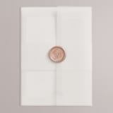 "Emblem" - Wedding Invitations in Champagne by Everett Paper Goods - Vellum Wrap with Wax Seal