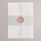"Faded Palm" - Wedding Invitations in Mist by Lauren Chism - Assembled with Vellum Wrap and Wax Seal