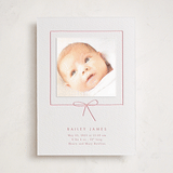 "Little Bow" - Letterpress Birth Announcement Photo Mount Cards in Strawberry by Baumbirdy - Front