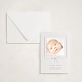 "Little Bow" - Letterpress Birth Announcement Photo Mount Cards in Strawberry by Baumbirdy - Card with Envelope