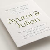 "Ayumi" - Letterpress Rehearsal Dinner Cards in Pistachio by Melanie Kosuge - Detail