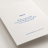 "Brasserie" - Letterpress RSVP Online Enclosure Cards in Sapphire by Megan Davis - Detail