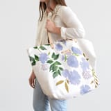 "Botanical Cascade - Peri" - Carry-All Slouch Tote in Periwinkle by Erin German - On Model