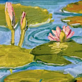 ""Pink Lily Pond" original Framed Oil Painting" - Original Painting in blue by Mary Hills Powell