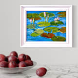 ""Pink Lily Pond" original Framed Oil Painting" - Original Painting in blue by Mary Hills Powell