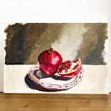 "Pomegranate on Vintage Plate original painting" - Original Painting in red by Lucrecia Caporale