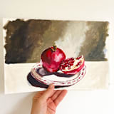 "Pomegranate on Vintage Plate original painting" - Original Painting in red by Lucrecia Caporale