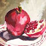 "Pomegranate on Vintage Plate original painting" - Original Painting in red by Lucrecia Caporale