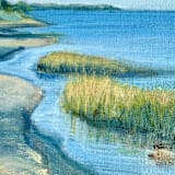 ""Harbor Light" Original Framed Oil Painting" - Original Painting in blue by Mary Hills Powell