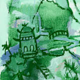"Chinoiserie Landscape in Green" - Original Painting in green by Green Barn Studio